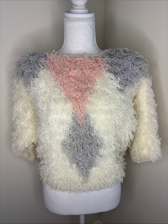 Vintage Sweaters - Vintage Sideffects Hand Crocheted Shaggy White, Gray & Pink Sweater. Small